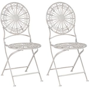 Tuin bistro set wit ijzer inklapbaar 2 stoelen buiten distressed effect UV en roest bestendig Franse retro stijl