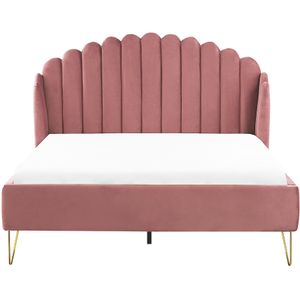 Gestoffeerd bed fluweel roze met lattenbodem 140 x 200 cm met verticaal quilten slaapkamer tweepersoonsbed modern