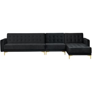 Beliani - Sofa mit Ottomane Schwarz Samtstoff L-Förmig Linksseitig Schlaffunktion für 5 Personen Modern Glamourös Wohnzimmer Ausstattung Möbel