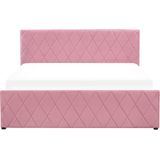 Opbergbed roze fluweel gestoffeerd tweepersoons 160 x 200 cm lattenbodem diamant tuft hoofdbord