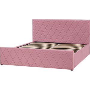 Opbergbed roze fluweel gestoffeerd tweepersoons 160 x 200 cm lattenbodem diamant tuft hoofdbord