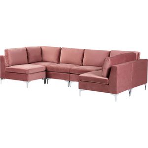 Hoekbank roze fluweel 6-zits modulair u-vorm metalen poten glamour stijl
