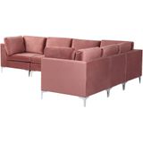 Hoekbank linkszijdig roze fluweel 6-zits modulair u-vorm metalen poten glamour stijl