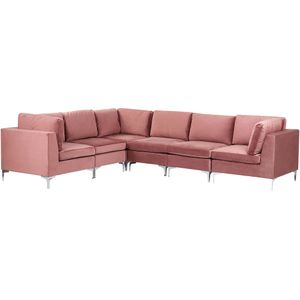 Hoekbank rechtszijdig roze fluweel 6-zits modulair u-vorm metalen poten glamour stijl