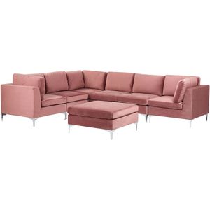 Hoekbank rechtszijdig roze fluweel 6-zits modulair l-vorm metalen poten glamour stijl