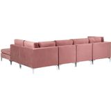 Hoekbank met ottomaan linkszijdig roze fluweel 5-zits modulair l-vorm metalen poten glamour stijl
