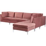 Hoekbank met ottomaan linkszijdig roze fluweel 5-zits modulair l-vorm metalen poten glamour stijl
