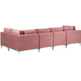 Hoekbank linkszijdig roze fluweel 5-zits modulair l-vorm metalen poten glamour stijl