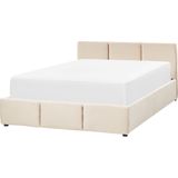 Ottomaan bed lichtbeige fluwelen bekleding EU tweepersoons getuft hoofdbord opbergfunctie