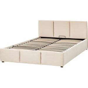 Ottomaan bed lichtbeige fluwelen bekleding EU tweepersoons getuft hoofdbord opbergfunctie