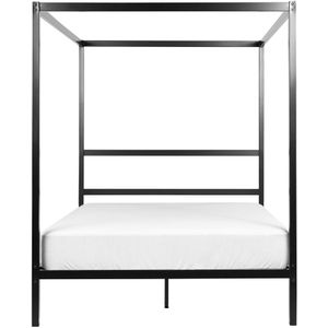 Hemelbed frame zwart metaal tweepersoonsbed 140 x 200 cm houten lattenbodem industrieel minimalistisch