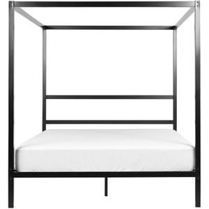 Hemelbed frame zwart metaal tweepersoonsbed 160 x 200 cm houten lattenbodem industrieel minimalistisch