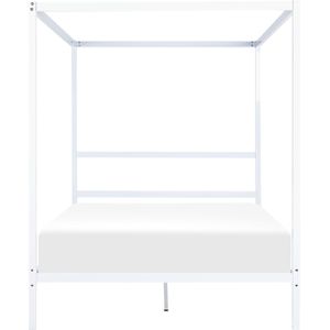 Hemelbed frame wit metaal tweepersoonsbed 140 x 200 cm houten lattenbodem industrieel minimalistisch