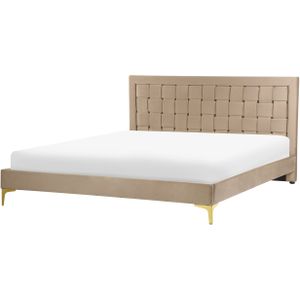 Tweepersoonsbed taupe fluweel stof houten frame 100 % polyester lattenbodem 160 x 200 cm retro stijl