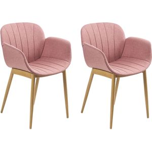 Beliani - Esszimmerstuhl 2er Set Rosa Stoff mit Armlehnen Schwarzen Metallbeinen Retro-Design Wohnzimmer Essbereich Flur Diele Ausstattung Möbel