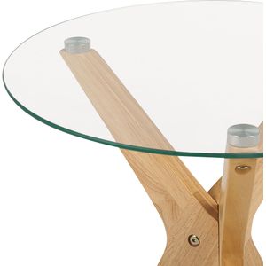 Moderne ronde bijzettafel 45 cm gehard glas rubberhouten poten lichthout Valley