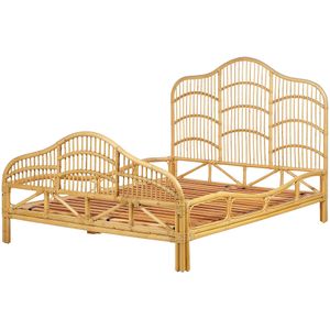 Bett Hellbraun Rattan und Mahagoniholz mit Lattenrost 140 x 200 cm Hohes Kopf- und Fußteil Boho Doppelbett Schlafzimmer Ausstattung Möbel