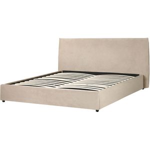 Ottomaan bed gebroken taupe fluweel gestoffeerd 180 x 200 cm groot klassiek hoofdbord opberg functie houten lattenbodem