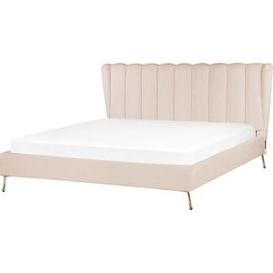 Bedframe beige fluwelen bekleding gouden metalen poten EU tweepersoonsmaat met USB poort hoofdbord modern glam slaapkamer