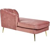 Chaise longue roze fluweel geribde rugleuning goudkleurige poten rechtszijdig