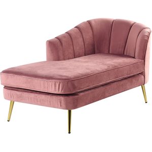 Chaise longue roze fluweel geribde rugleuning goudkleurige poten rechtszijdig