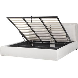 Beliani - Bett mit Bettkasten Cremeweiß Samt Gepolstert 180 x 200 cm Lattenrost Hochklappbar Hohes Kopfteil Viel Stauraum Modern Doppelbett