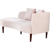 Chaise loungue lichtroze fluwelen polyester bekleding linkszijdig donker houten poten extra sierkussens modern design woonkamermeubilair