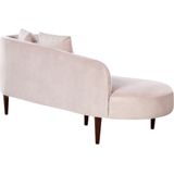 Chaise loungue lichtroze fluwelen polyester bekleding linkszijdig donker houten poten extra sierkussens modern design woonkamermeubilair