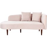 Chaise loungue lichtroze fluwelen polyester bekleding linkszijdig donker houten poten extra sierkussens modern design woonkamermeubilair