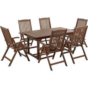 Tuinset tafel 6 stoelen donker acaciahout opklapbaar uitschuifbaar tafelblad rustieke stijl