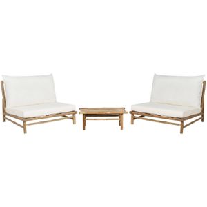 2-zits bamboe loungeset lichthout en wit rug en zit kussens met salontafel voor binnen en buiten ontwerp