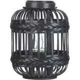 Kaarshouder lantaarn zwart bamboe 30 cm met glazen voor kaarsen boho stijl voor binnen