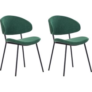 Set van 2 eetkamerstoelen groen stof gestoffeerd zwart metalen poten zonder armleuningen gebogen modern