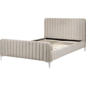 Tweepersoonsbed Fluweel Getuft Hoofdeinde Metalen Poten Lattenbodem Taupe 140 x 200 cm Lunan