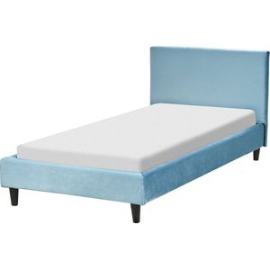 Gestoffeerd bed lichtblauw fluweel 90 x 200 cm met lattenbodem hoofdbord elegant klassiek