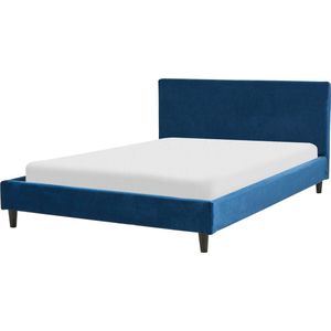 Gestoffeerd bed donkerblauw fluweel 140 x 200 cm met lattenbodem hoofdbord elegant klassiek