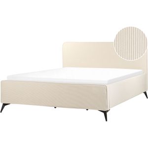 Bed frame beige corduroy gestoffeerd zwart metalen poten tweepersoonsbed met hoofdbord klassiek slaapkamer