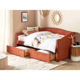 Daybed bedbank eenpersoons rood polyester gestoffeerd lattenbodem eucalyptushout lades modern slaapkamer