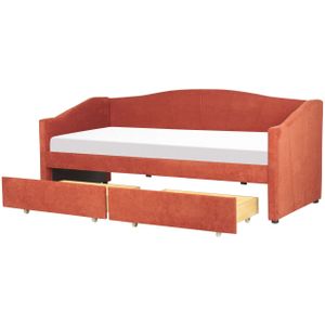 Daybed bedbank eenpersoons rood polyester gestoffeerd lattenbodem eucalyptushout lades modern slaapkamer