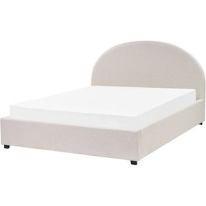 Beliani - Bett mit Bettkasten Hellbeige Stoff Gepolstert 160 x 200 cm Lattenrost Hochklappbar Hohes Kopfteil Klassisch Retro Minimalistisch