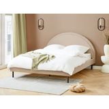 Bed beige boucle polyester stof EU-kingsize 160x200 lattenbodem halfrond hoofdbord minimalistisch retro design slaapkamer
