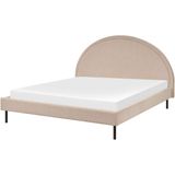 Bed beige boucle polyester stof EU-kingsize 160x200 lattenbodem halfrond hoofdbord minimalistisch retro design slaapkamer