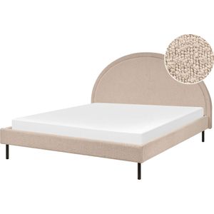 Bed beige boucle polyester stof EU-kingsize 160x200 lattenbodem halfrond hoofdbord minimalistisch retro design slaapkamer