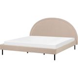 Bed beige boucle polyester stof EU-kingsize 180x200 lattenbodem halfrond hoofdbord minimalistisch retro design slaapkamer