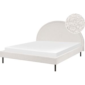 Bed wit boucle polyester stof EU-kingsize 160x200 lattenbodem halfrond hoofdbord minimalistisch retro design slaapkamer
