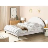 Bed wit boucle polyester stof EU-kingsize 180x200 lattenbodem halfrond hoofdbord minimalistisch retro design slaapkamer
