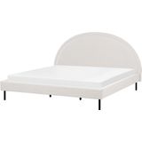 Bed wit boucle polyester stof EU-kingsize 180x200 lattenbodem halfrond hoofdbord minimalistisch retro design slaapkamer