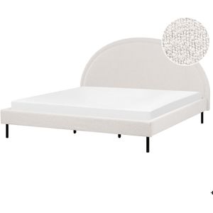 Bed wit boucle polyester stof EU-kingsize 180x200 lattenbodem halfrond hoofdbord minimalistisch retro design slaapkamer