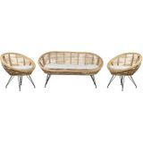 Loungeset 4 zits bank met stoel lichtbeige kussens katoen naturel rotan medium weerstand binnen en buiten boho stijl