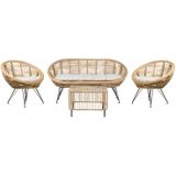 Loungeset 4 zits bank met stoel en salontafel lichtbeige kussens katoen naturel rotan medium weerstand binnen en buiten boho stijl